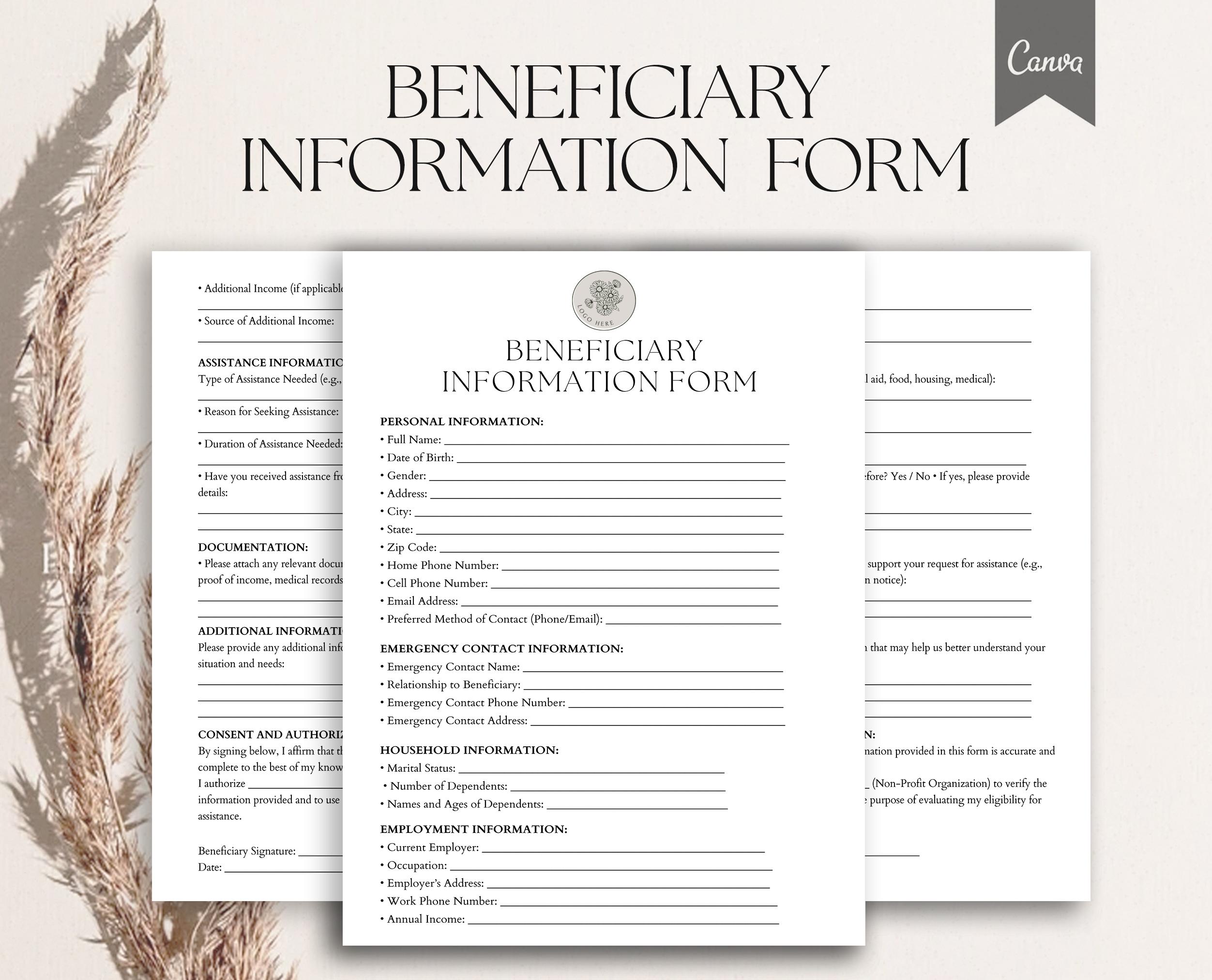 Beneficiary Information Form Template, Pdf, Canva - Etsy