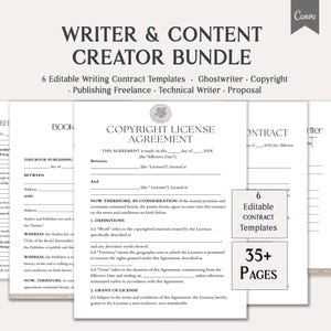 May include: A bundle of editable writing contract templates for writers and content creators. The image shows six templates, including a copyright license agreement, with the text "6 Editable Contract Templates" and "35+ Pages". The Canva logo is in the top right corner.