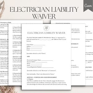 Op de afbeelding: Een stapel witte papieren documenten met de titel "ELECTRICIAN LIABILITY WAIVER" met tekst en een logo. De documenten zijn voor elektrische serviceovereenkomsten en bevatten secties voor klant- en elektricieninformatie.