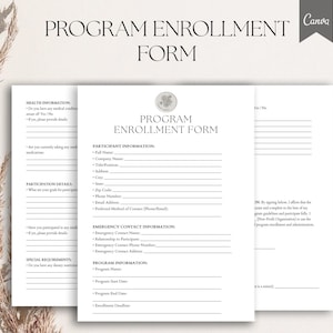 May include: A black and white program enrolment form with a seal at the top. The form includes sections for health information, participant information, participation details, emergency contact information, program information, and special requirements.