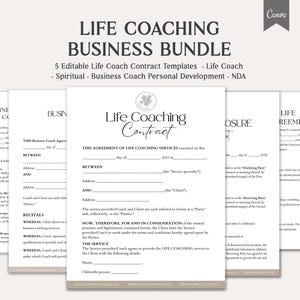 Può includere: Un pacchetto di cinque modelli di contratti di life coach modificabili. I documenti sono bianchi con testo nero, incluso il titolo "Life Coaching Business Bundle". I modelli coprono varie aree di coaching.