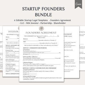 May include: A collection of six editable startup legal templates, including a Founders Agreement, LLC, NDA Investor, Partnership, and Shareholder documents. The documents are displayed on a light background with the title "STARTUP FOUNDERS BUNDLE" at the top.
