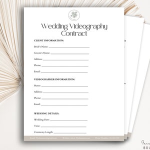 May include: A printable wedding videography contract template with sections for client information, videographer information, and wedding details. The template has a floral design in the top left corner.
