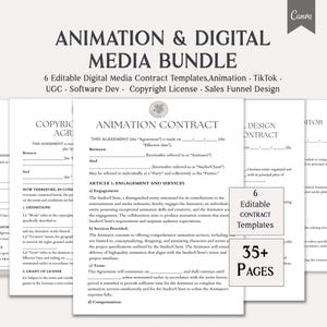Könnte beinhalten: Ein Bundle digitaler Medienvertragsvorlagen für Animation, TikTok, UGC, Softwareentwicklung, Urheberrechtslizenzen und Sales Funnel Design. Das Bild zeigt sechs bearbeitbare Vertragsvorlagen mit über 35 Seiten.