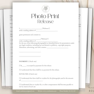 Editable Photo print release forms, Photography Print Release Template, Print Release Form,  Photographer business, Photo print forms,Canva