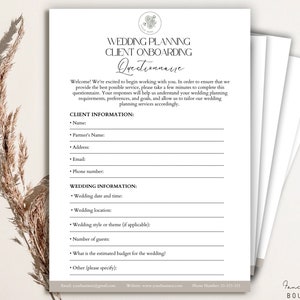 Hochzeitsplanungsdienste, Onbording-Fragebogen, bearbeitbare Hochzeitsplanungsklienten Onbording-Fragebogen Vorlage Fragebogenform