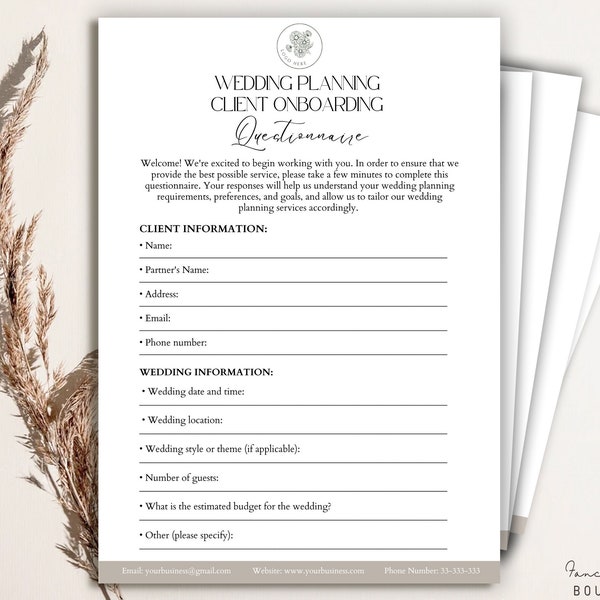 Wedding Planning Services, Onboarding Questionnaire, Editable Wedding Planning client Onboarding Questionnaire Template Questionnaire Form