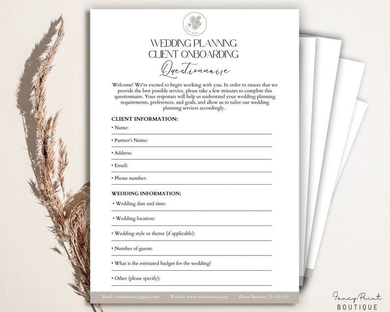 May include: A wedding planning client onboarding questionnaire with sections for client information, wedding information, and other details. The questionnaire is printed on a white background with a brown border.