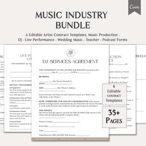 May include: A bundle of music industry templates, including artist contracts, music production, and DJ services agreements. The image shows several white pages with text, including "DJ Services Agreement" and "6 Editable Contract Templates."