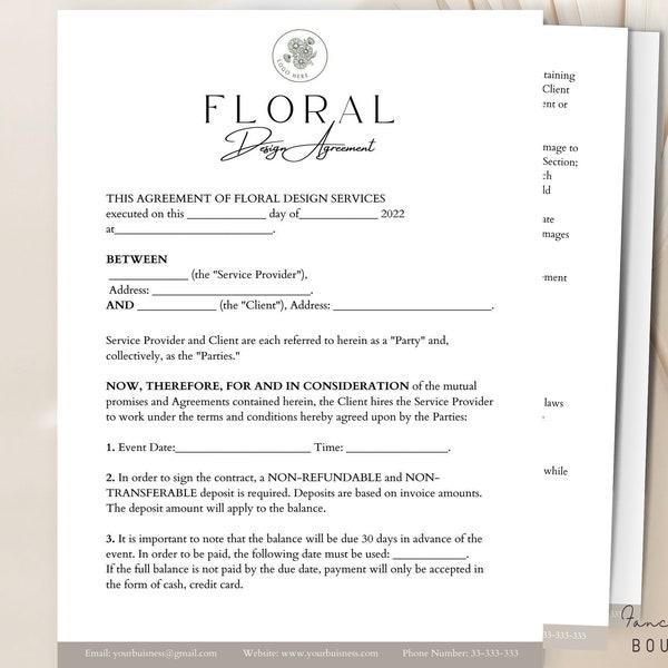 Floral Contract Template, Florist Contract, Flower Arrangements Agreement, Florists Artists Designer Contract ,Editable Floral Contract