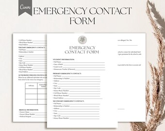 Può includere: Un modulo di contatto di emergenza stampabile in bianco e nero con sezioni per le informazioni dello studente, i contatti di emergenza primari e secondari e le persone autorizzate a ritirare lo studente. Il modulo include anche una sezione per le informazioni mediche.