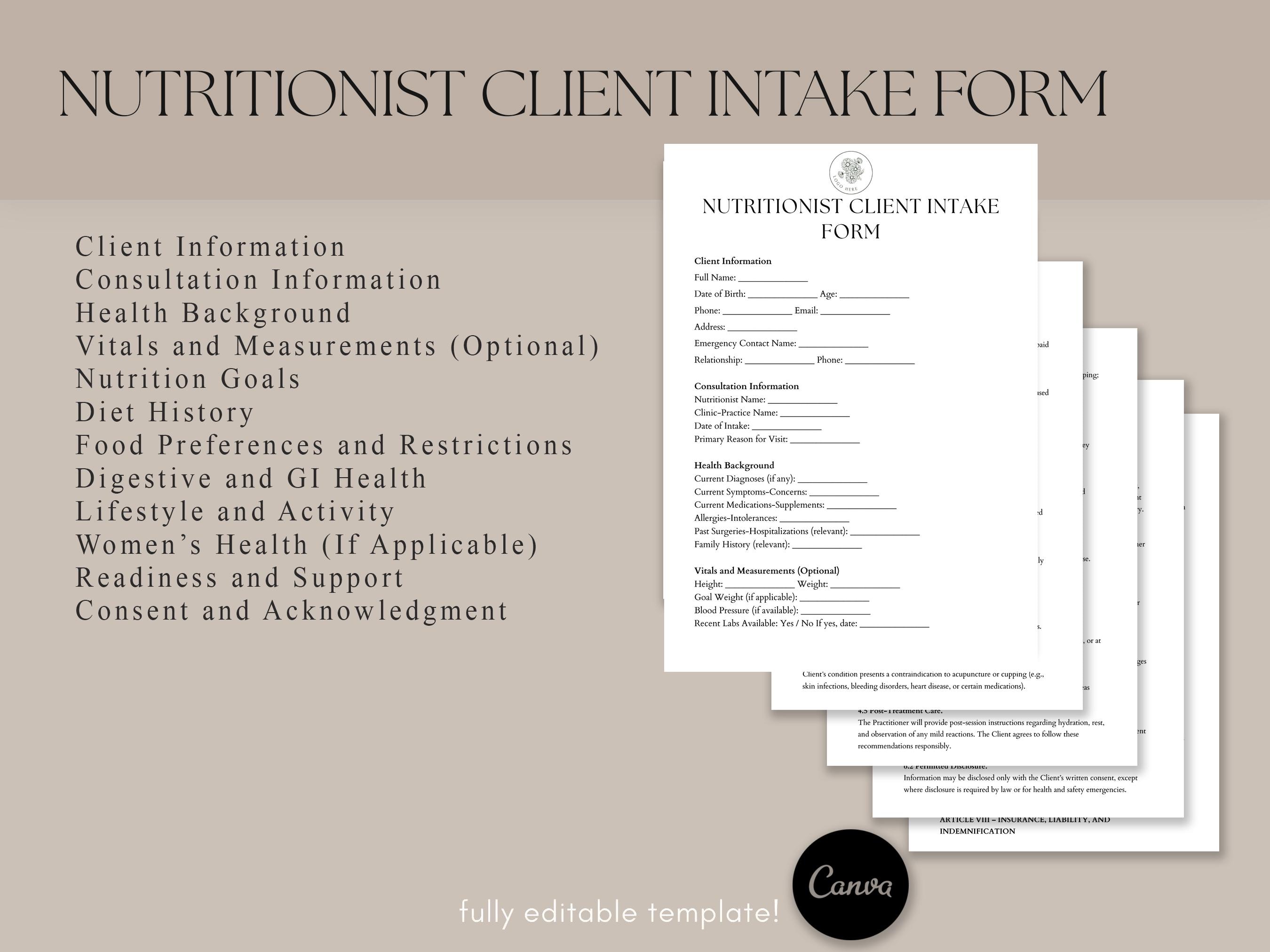 Nutritionist Client Intake Form Template, Nutrition Consultation Intake ...