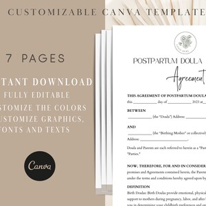 May include: A black and white printable template for a postpartum doula financial agreement. The text on the template reads "Postpartum Doula Financial Agreement".