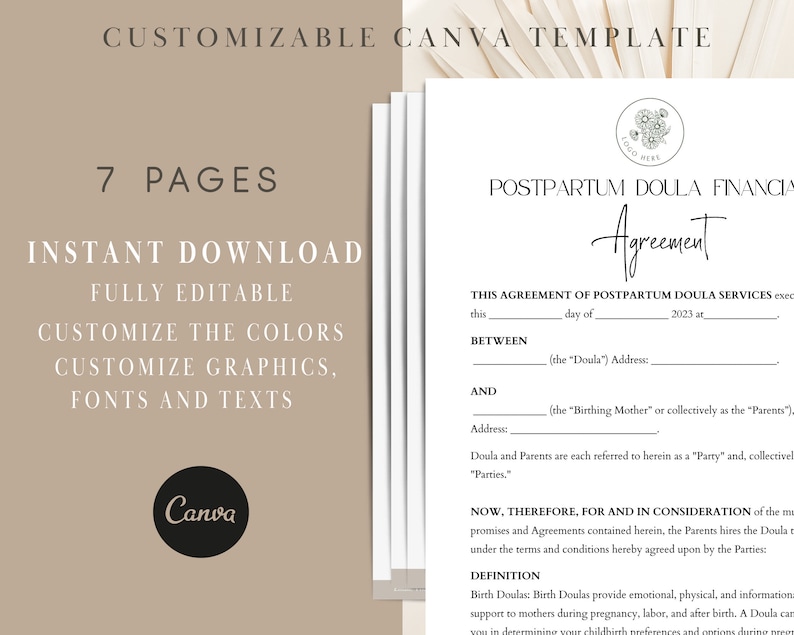 May include: A black and white printable template for a postpartum doula financial agreement. The text on the template reads "Postpartum Doula Financial Agreement".