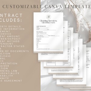 May include: A customizable Canva template for a cleaning service contract. The template includes sections for property details, house information, the service, payment amount, retainer/deposit, payment method, independent contractor status, terms, return of documents, injunction, no release, general breach, interpretation, no waiver, variation, governing law, confidentiality, severability, indemnity, and entire agreement.