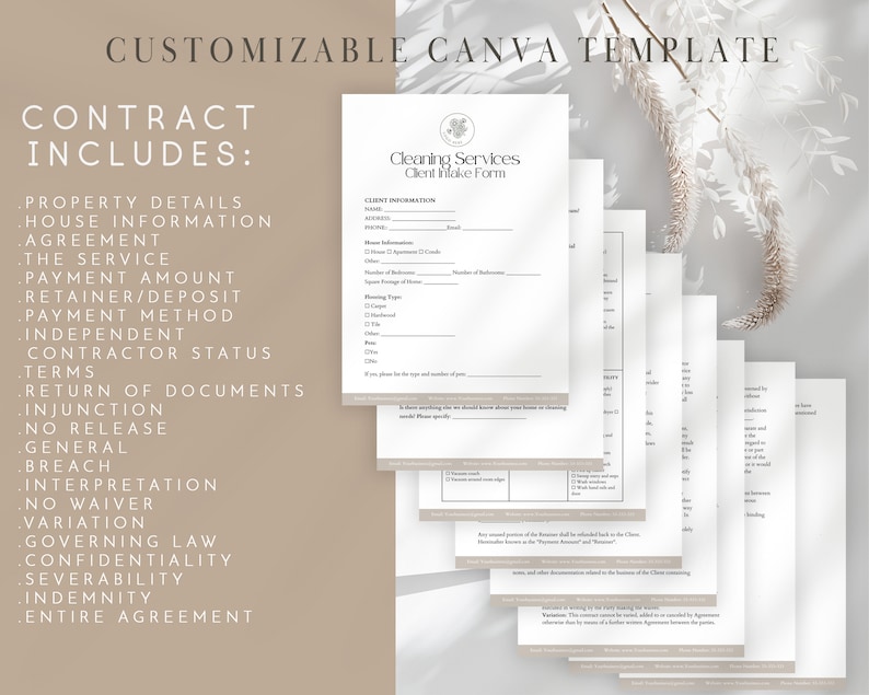 May include: A customizable Canva template for a cleaning service contract. The template includes sections for property details, house information, the service, payment amount, retainer/deposit, payment method, independent contractor status, terms, return of documents, injunction, no release, general breach, interpretation, no waiver, variation, governing law, confidentiality, severability, indemnity, and entire agreement.