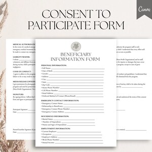 Puede incluir: Un formulario de consentimiento para participar en blanco y negro con una sección para la información del beneficiario, que incluye información personal, contacto de emergencia, hogar y empleo. El formulario incluye secciones para autorización médica, renuncia de responsabilidad, código de conducta y publicación en los medios.