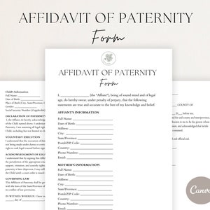 Editable Affidavit of Paternity Form, Customizable Affidavit, template Form, Paternity Acknowledgment, Paternity Affidavit Form ,PDF,Canva