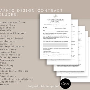 May include: A black and white graphic design contract template with the text "GRAPHIC DESIGN CONTRACT INCLUDES:" at the top. The contract includes sections for introduction and parties, scope of work, payment terms, deliverables, revisions and approvals, timeline, ownership of artwork, confidentiality, termination, limitation of liability, indemnification, governing law, general provisions, entire agreement, amendments, waiver, severability, assignment, independent contractors, notices, force majeure, no third-party beneficiaries, dispute resolution, and execution.