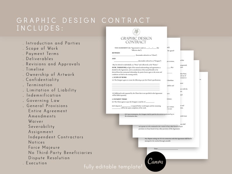 May include: A black and white graphic design contract template with the text "GRAPHIC DESIGN CONTRACT INCLUDES:" at the top. The contract includes sections for introduction and parties, scope of work, payment terms, deliverables, revisions and approvals, timeline, ownership of artwork, confidentiality, termination, limitation of liability, indemnification, governing law, general provisions, entire agreement, amendments, waiver, severability, assignment, independent contractors, notices, force majeure, no third-party beneficiaries, dispute resolution, and execution.