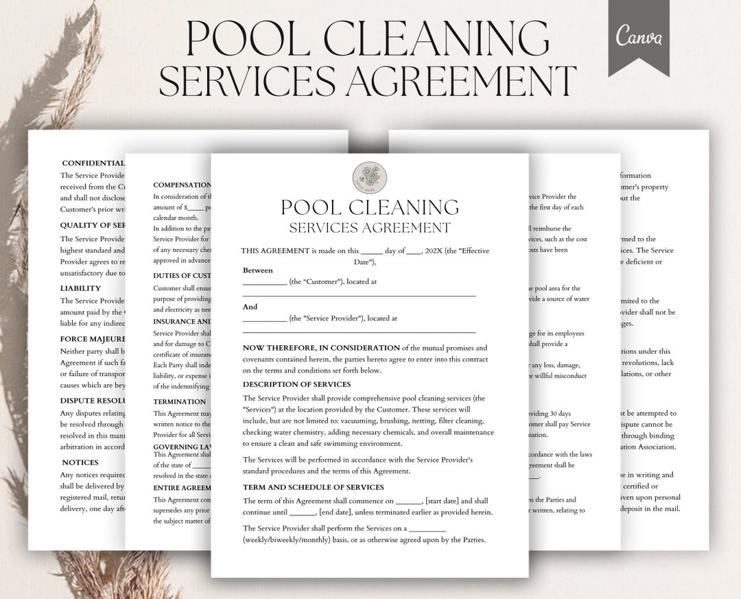 Editable Pool Cleaning Agreement, Pool Service Contract Template, Pool