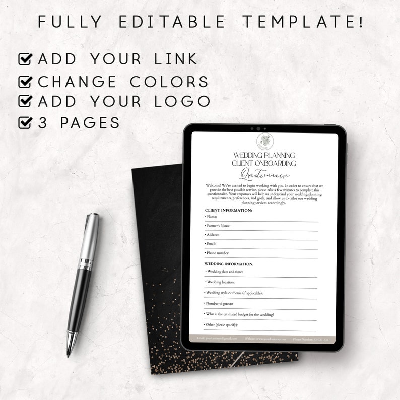 May include: Editable wedding planning client onboarding questionnaire template with checklist icons, a pen, and a tablet displaying the questionnaire. The questionnaire includes sections for client information and wedding information.