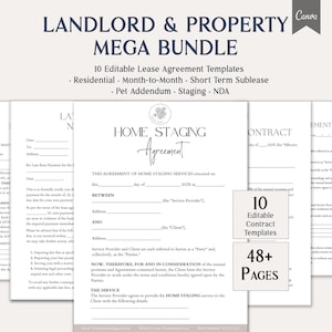 May include: A Landlord & Property Mega Bundle featuring 10 editable lease agreement templates, including residential, month-to-month, short-term sublease, pet addendum, staging, and NDA documents. The set contains over 48 pages of printable contract forms.