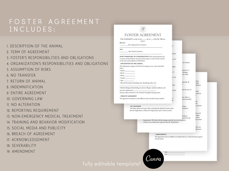 Editable Foster Agreement Template, Pet Foster Contract, Animal
