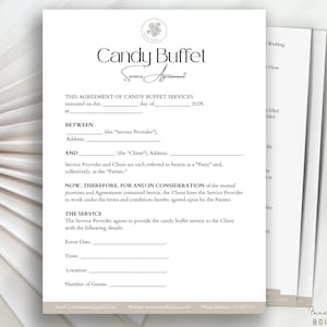 Contractsjabloon snoepbuffet, contract snoepbuffetservice, bewerkbare algemene voorwaarden desserttafel, afdrukbaar horecabedrijfsformulier