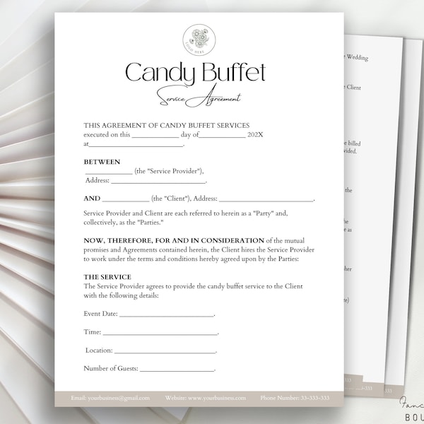 Candy Buffet Vertragsvorlage, Candy Buffet Servicevertrag, Bearbeitbare Desserttisch Geschäftsbedingungen, druckbares Gastronomie Geschäftsformular