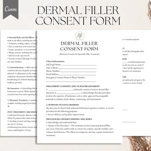 Peut inclure: Un formulaire de consentement noir et blanc pour les traitements de comblement cutané. Le formulaire comprend des sections pour les informations du client, le consentement au traitement et l'accusé de réception, le but du partage des données, la compréhension de la procédure et les risques, ainsi que les soins et les instructions post-traitement.