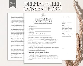 May include: A black and white consent form for dermal filler treatments. The form includes sections for client information, treatment consent and acknowledgment, purpose of data sharing, procedure understanding and risks, and post-treatment care and instructions.