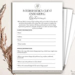 Bewerkbare vragenlijst voor klantinterieurontwerp, introductieformulier, vragenlijsten interieurontwerperssjabloon, klantinteractie, pdf, Canva