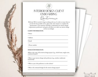 Redigerbart kundfrågeformulär för inredningsdesign, onboardingformulär, mallfrågeformulär för inredningsdesigners, onboarding av kund, pdf, Canva