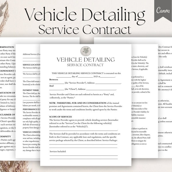 Editable Vehicle Detailing Agreement, Auto Detailing Contract, Car Detailing Services, Vehicle Washing and Detailing services, Pdf, Canva