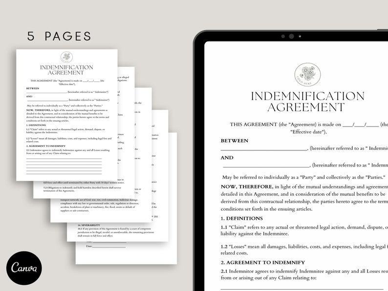 Indemnification Agreement template, Hold Harmless Agreement, Liability Release forms, General Release Form, Waiver of Liability ,Pdf, Canva image 2