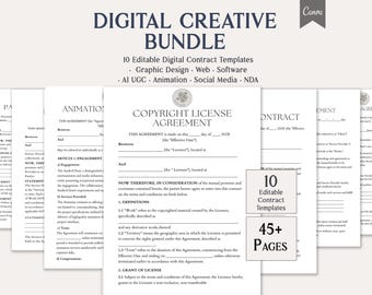 Digital Creative Bundle, 10 Editable Digital Contract Templates, Graphic Design, Web, Software, AI, UGC, Animation Forms