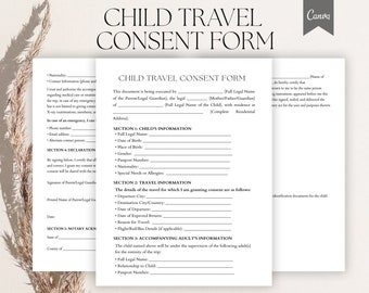 Editable Child Travel Consent form, Minor Travel Consent Form, Child Travel Authorization template, Child Permission to Travel Form