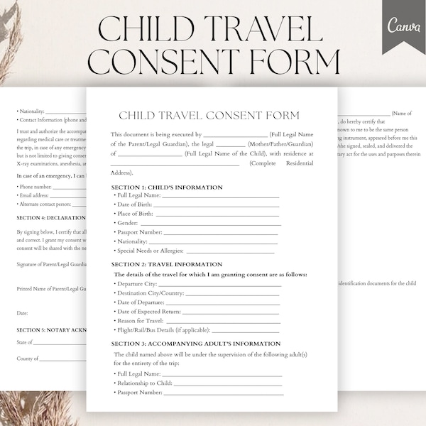 Editable Child Travel Consent form, Minor Travel Consent Form, Child Travel Authorization template, Child Permission to Travel Form