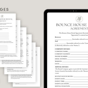 May include: A black and white printable bounce house rental agreement form with the title "Bounce House Rental Agreement". The form includes sections for company details, rental details, and signatures.