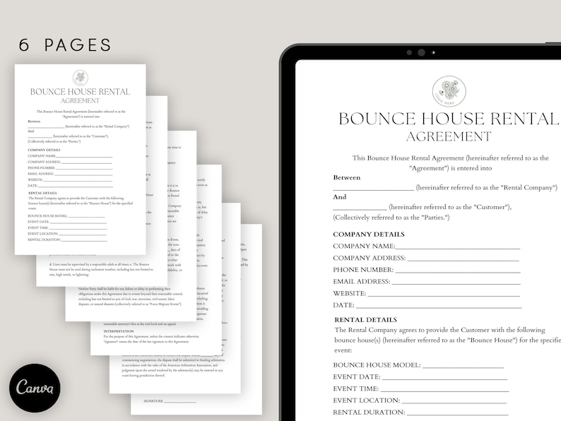 May include: A black and white printable bounce house rental agreement form with the title "Bounce House Rental Agreement". The form includes sections for company details, rental details, and signatures.