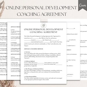 Puede incluir: Un modelo de acuerdo de coaching profesional con el título "ONLINE PERSONAL DEVELOPMENT COACHING AGREEMENT" en una fuente serif. El documento incluye secciones sobre servicios de coaching, métodos de entrega y responsabilidad del cliente. El logotipo de Canva es visible.