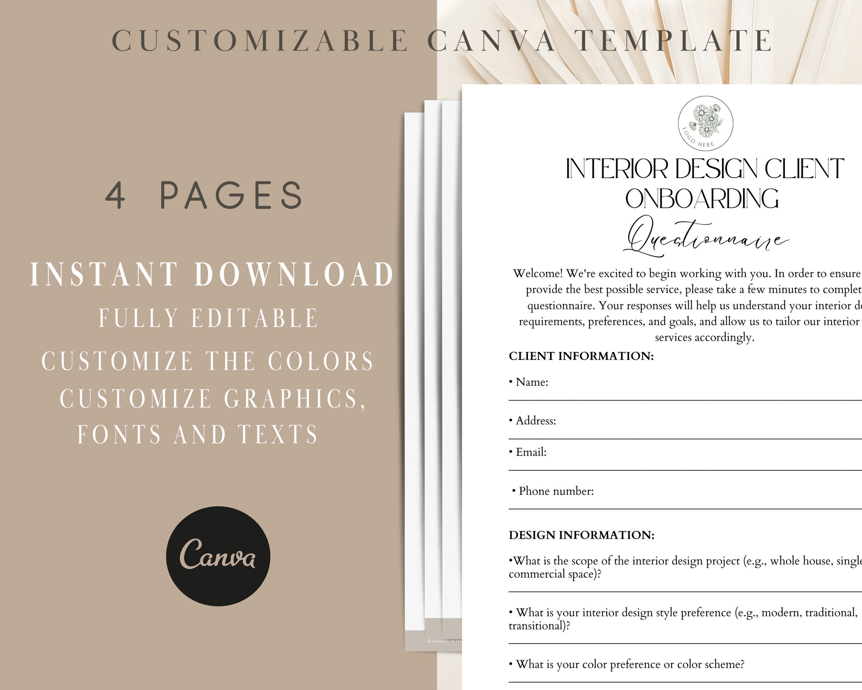 Interior Design Questionnaire Sample Pdf Editable Interior Design Client Questionnaire, Onboarding Form ...
