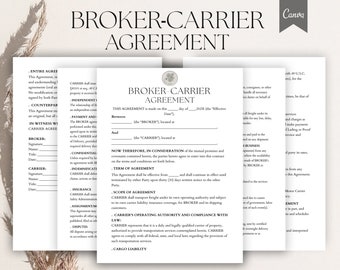 Broker Carrier Agreement, Freight Broker Contract, Trucking Transportation Services Agreement, Editable Canva