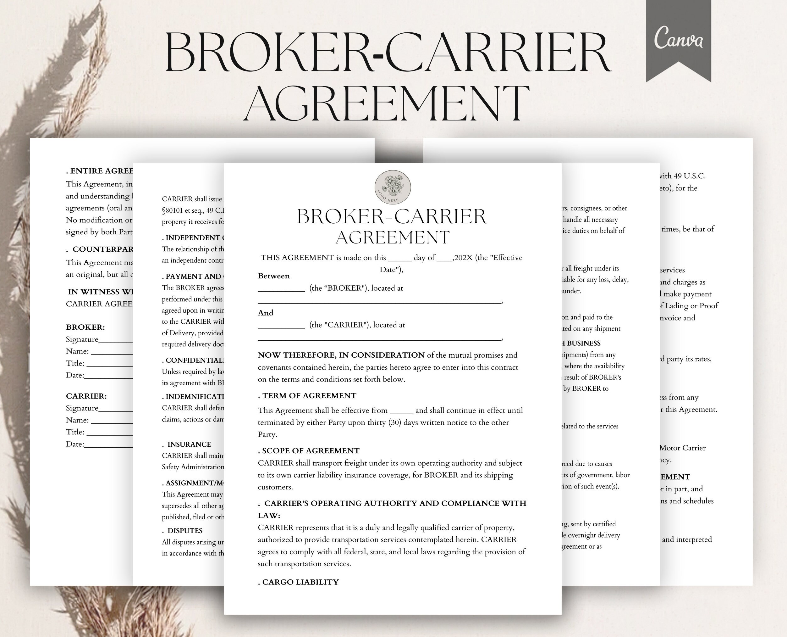 Editable Broker carrier Agreement Logistics Service Agreement Carrier