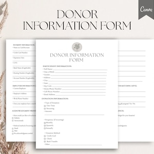 May include: A black and white printable donor information form with sections for payment, participant, employer, donation, and acknowledgment preferences. The form includes fields for name, address, phone number, email, donation amount, and donation method.