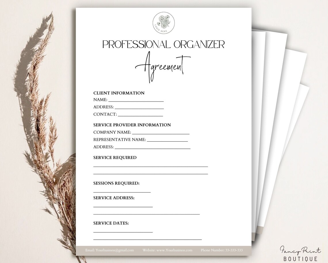 Editable Professional Organizer Agreement, Organizer Contract Template, Professional Organizer