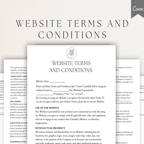 Conditions générales du site Web, clauses de non-responsabilité du site Web, conditions générales, politique de confidentialité modifiable, modèle de conditions générales en ligne, Canva