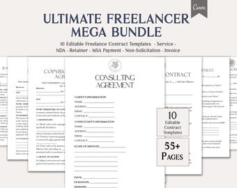 Ultimate Freelancer Mega Bundle, 10 Editable Freelance Contract Templates, Service Agreement, NDA, Retainer, MSA & Payment, Instant Download