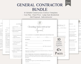 General Contractor Bundle, 10 Editable Construction Contract Templates, Cost Plus, Fixed Price, Lump Sum, Residential, Bid Proposal